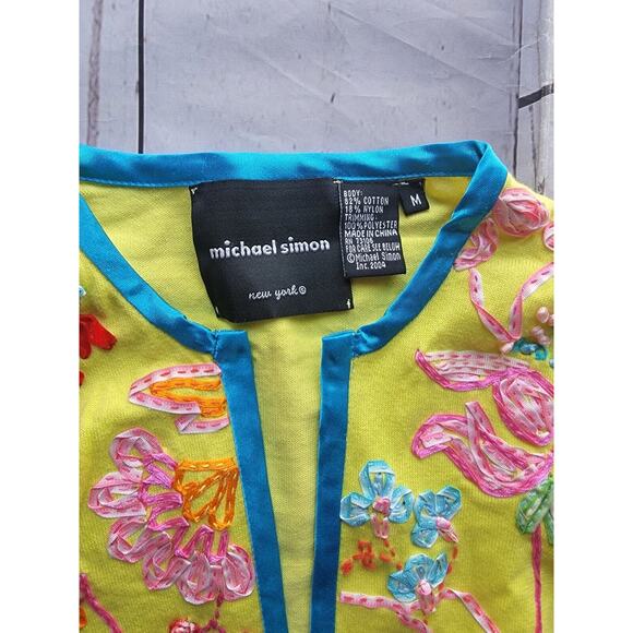Michael Simon Cotton Embroidered Ribbon Neon Green Open front Cardigan M READ - Picture 2 of 13